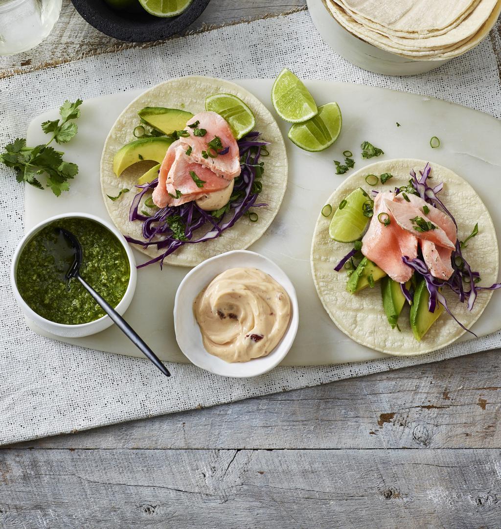 Steamed Salmon Tacos with Spicy Green Sauce