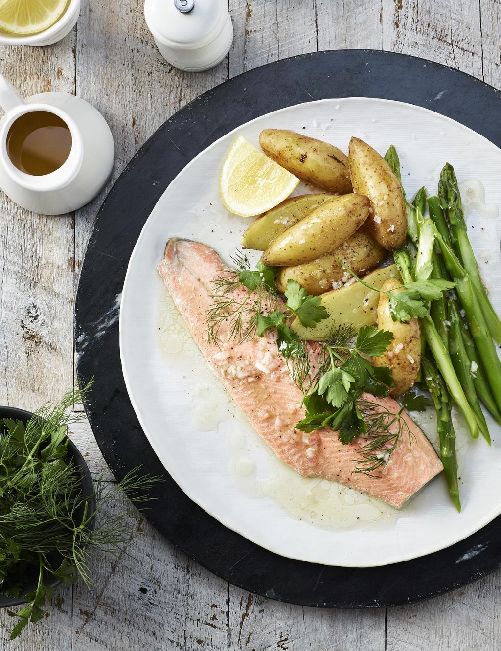 Steamed Trout, Potatoes and Asparagus with Lemon-Eshallot
