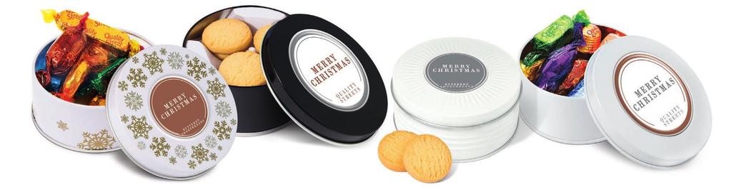 TREAT TINS Our little Treat Tins are available in four assorted styles. With a choice of two fillings; buttered shortbreads or Quality Street, each tin is branded with a domed label on its lid.