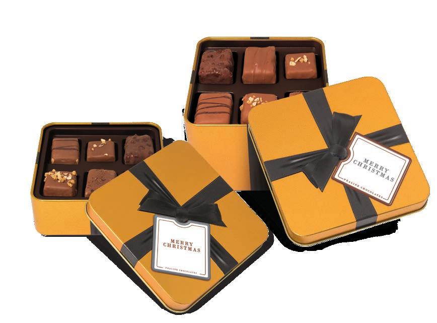 7 104535 Our luxury Gold Chocolate Tin comes in two sizes, filled with either 6 or 12 chocolate