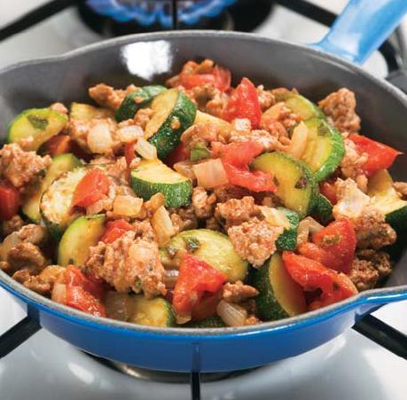 Turkey Skillet Dinner Number of Servings: 4 Serving Size: 1 cup per serving Nonstick cooking spray or ½ tablespoon olive oil 1 pound lean ground beef or turkey 1 medium onion, chopped 1 bell pepper 3