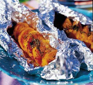 Hot & Spicy Sweet Potatoes Servings: 6 Cook: 45 minutes Preparation Time: 15 minutes 2 large sweet potatoes (about 500g/1lb 4oz each) 4 tablespoons olive oil 2 tablespoons fresh thyme leaves 2 sprigs