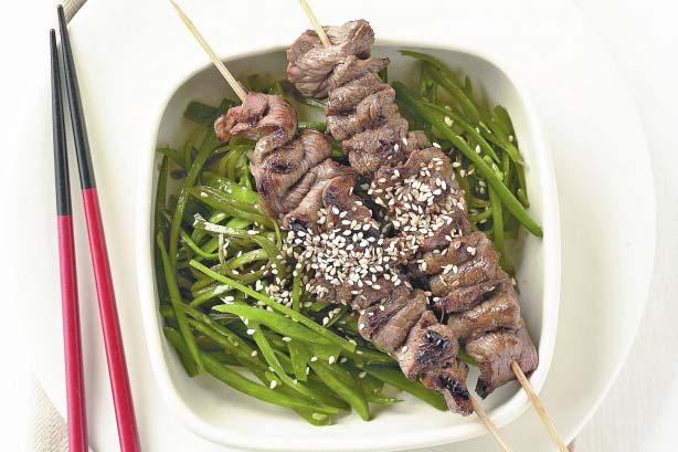 Korean Beef Skewers with Shredded Snow Peas Servings: 4 You'll need to soak 8 bamboo skewers in cold water for 20 minutes for this recipe.