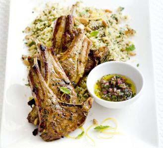Lamb Chops with Fruity Couscous & Mint Servings: 4 Cook: 6 minutes Preparation Time: 10 minutes 4 lamb chops or leg steaks, trimmed 2 teaspoons smoked paprika 1 red onion, finely chopped 3