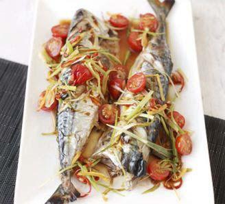Mackerel with Sizzled Garlic, Ginger & Tomatoes Servings: 2 Cook: 10 minutes Preparation Time: 10 minutes 2 whole mackerel, gutted and cleaned (ask the fishmonger to do this for you) 2 tablespoons