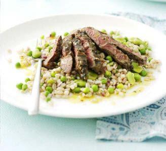Marinated Lamb Steaks with Barley Salad Servings: 2 Cook: 30 minutes Preparation Time: 15 minutes 2 tablespoons olive oil 2 garlic cloves, finely chopped pinch dried chilli flakes small bunch mint,