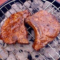 Marinated Spicy Pork Chops Servings: 8 Yield: 8 servings Cook: 20 minutes Preparation Time: 10 minutes 3/4 cup soy sauce 1/4 cup fresh lemon juice 1 tablespoon brown sugar 1 tablespoon chili sauce