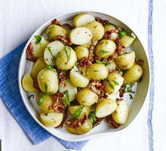Mediterranean Potato Salad Servings: 4 Yield: 4-6 Cook: 15 minutes Preparation Time: 10 minutes 1 kg baby new potatoes, halved 1 tablespoon olive oil 3 tablespoons grated Parmesan (or vegetarian