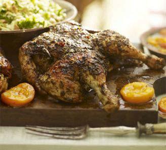 Moroccan Roast Chicken with Apricots Servings: 6 Cook: 50 minutes Preparation Time: 20 minutes 2 small chicken 6 tablespoons olive oil small bunch coriander 2 tablespoons sumac (see tip, below) 1