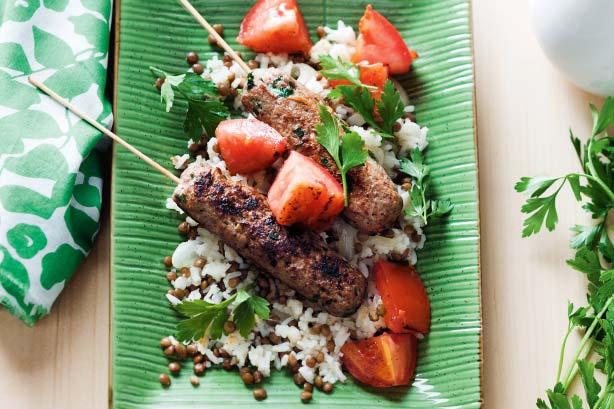 Persian-Style Kebabs with Rice and Lentil Pilaf Servings: 4 You'll need 8 pre-soaked bamboo skewers.
