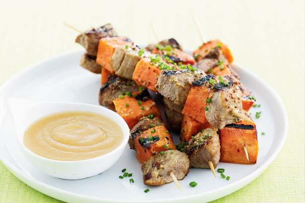 Pork and Sweet Potato Skewers Servings: 4 500 g orange sweet potato, peeled, cubed 600 g pork fillet, cubed 2 tablespoons olive oil 1 tablespoon ground cumin 1/3 cup wholegrain mustard chopped chives