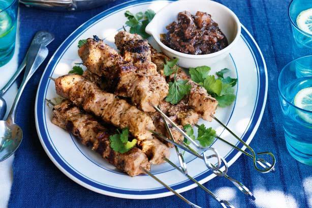 Pork Kebabs with Peppered Fig Relish Servings: 8 1 1/2 tablespoons coriander seeds 2 teaspoons olive oil 1 kg pork loin medallions, cut into 4cm pieces Peppered fig relish Olive oil spray 1 red