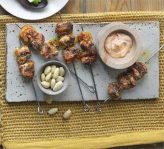 Smoky Chicken Skewers Servings: 6 Yield: 6-8 Cook: 15 minutes Preparation Time: 15 minutes 6 boneless, skinless chicken thighs (about 500g/1lb 2oz) 2 tablespoons olive oil 1 teaspoon fennel seed,