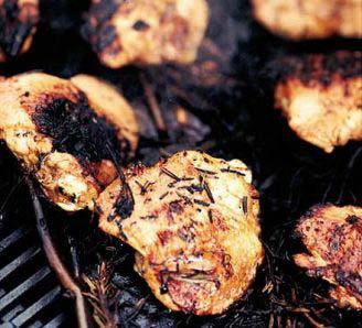 Spiced Smoky Barbecued Chicken Servings: 6 2 garlic cloves, peeled finely grated zest and juice of 1 lemon 2 tablespoons Kashmiri spices mix, or goodquality curry powder 1 dried bird's-eye chilli,