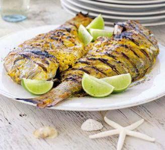 Tikka-Style Fish Servings: 6 Cook: 16 minutes Preparation Time: 10 minutes 2 tablespoons finely grated fresh root ginger 4 garlic cloves, finely grated or crushed 2 whole sea bream or red snapper or