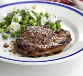 Bbq Lamb with Peas, Mint & Feta Servings: 4 Cook: 10 minutes Preparation Time: 5 minutes 4 lamb leg steaks 300 g frozen peas 3 tablespoons olive oil zest and juice 1 lemon 100 g feta cheese, crumbled