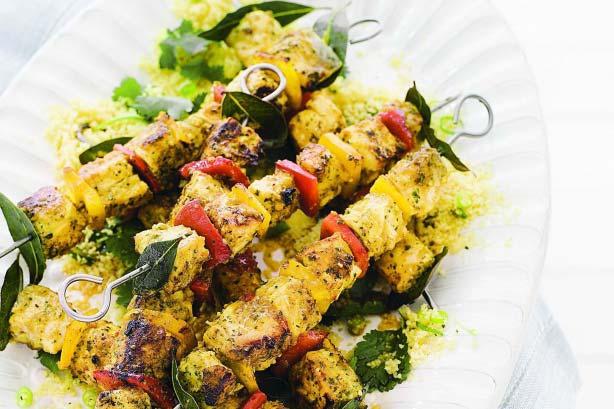 Chermoula Fish Kebabs with Couscous Servings: 4 1 small red onion, finely chopped 3 garlic cloves, crushed 1/3 cup flat-leaf parsley leaves 1 teaspoon each ground coriander and paprika 1/2 teaspoon