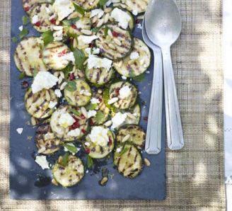Griddled Courgettes with Pine Nuts & Feta Servings: 4 Cook: 20 minutes Preparation Time: 10 minutes 2 tablespoons extra-virgin olive oil 3 large courgettes, thickly sliced zest 1 lemon 100 g feta