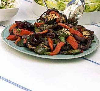 Grilled & Marinated Summer Vegetables Servings: 10 Cook: 30 minutes Preparation Time: 20 minutes 4 red peppers 3 aubergines, cut into finger thick rounds 3 courgettes, cut diagonally into finger