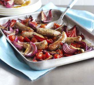 Balsamic Roasted Sausages with Red Veg Servings: 4 Cook: 35 minutes Preparation Time: 5 minutes 3 red onions, cut into wedges 3 red peppers, deseeded and cut into quarters 2 tablespoons olive oil 2