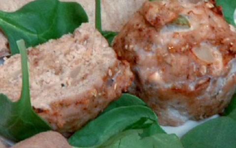 Recipes: Turkey Meatloaf Muffins Nutrition Facts: Makes 12 muffins 1 serving = 80 calories, 2 g fat, 4 g carbs, 11 g protein Serving size: Ladies: 2 muffins, Guys: 4 muffins Ingredients: 2 lbs ground