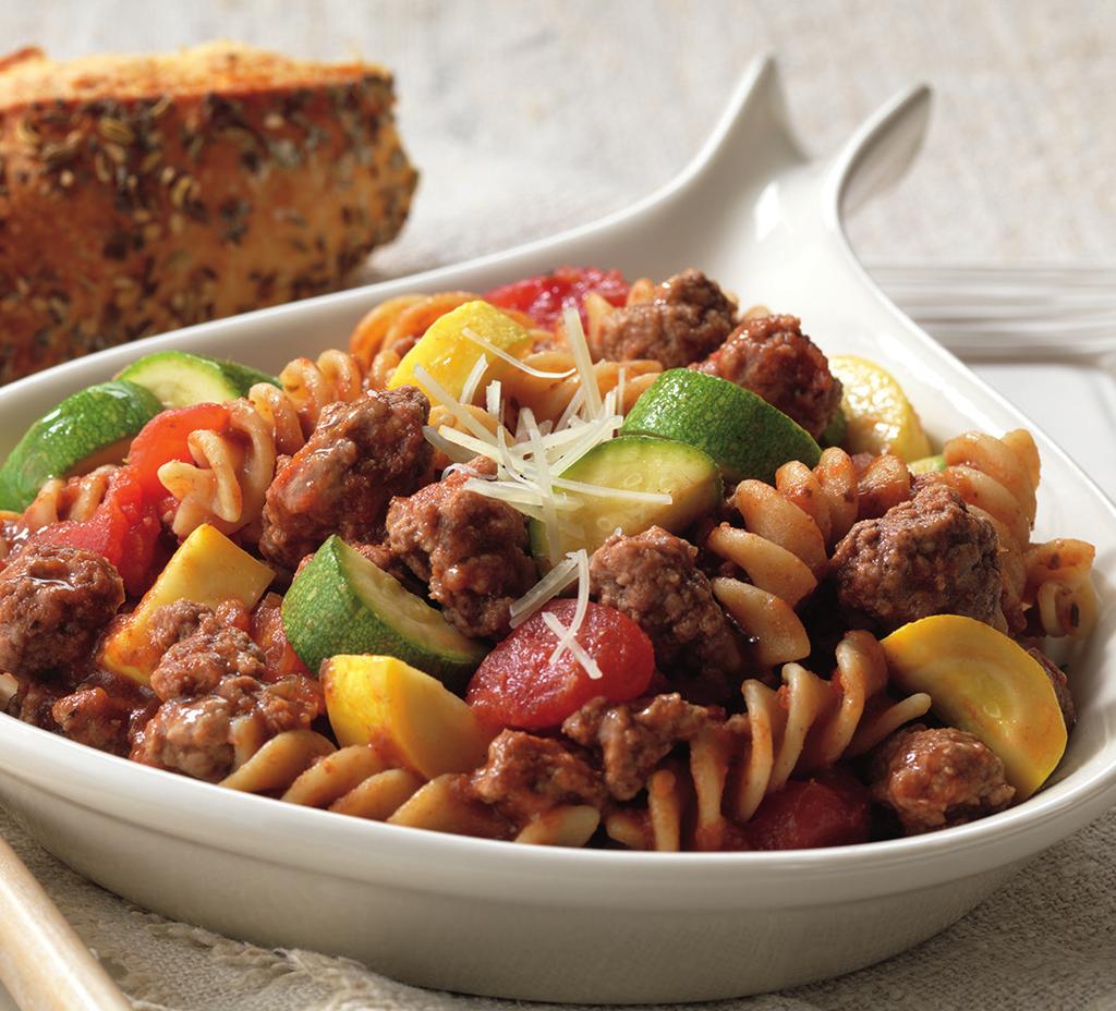 Beef & Pasta Skillet Primavera Time - 30 to 35 pound Ground Beef can (4 to 4½ ounces) reduced-sodium beef broth cup uncooked whole wheat or whole grain pasta 2 small zucchini and/or yellow squash, ¼