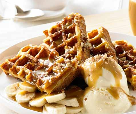Banana pecan and caramel SERVES 8 waffles PREP 10 COOK 10 Ingredients 3 eggs 1¾ cups milk 125g unsalted butter, melted 1 teaspoon vanilla extract 2 cups self-raising flour ¼ cup brown sugar, plus ½