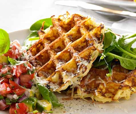 Potato rosti with tomato salsa SERVES 8 waffles PREP 25 COOK 30 Ingredients 2kg waxy potatoes, peeled and grated 3 eggs 250g sour cream 2 tablespoons horseradish cream Salt and pepper, to taste