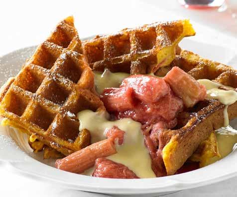 Poached rhubarb and vanilla custard SERVES 12 waffles PREP 15 COOK 15 Ingredients 2 x 500g bunches fresh rhubarb, trimmed and washed ¼ cup sugar 3 eggs, separated 2 cups milk 1 teaspoon vanilla