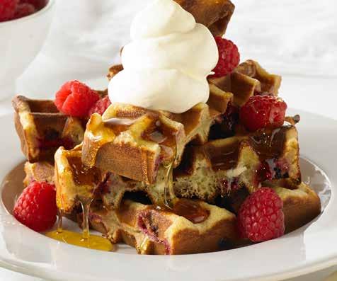 White chocolate and raspberry SERVES 10 waffles PREP 10 COOK 15 Ingredients 150g white cooking chocolate, chopped ½ cup caster sugar 100g butter 3 eggs 1½ cups milk 2 teaspoons vanilla extract 2¼