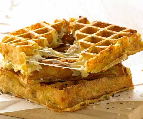 Three-cheese soufflé SERVES 12 waffles PREP 15 COOK 15 Ingredients 4 eggs, separated 3 cups milk 125g butter, melted ½ cup grated parmesan cheese cup grated provolone cheese ½ cup grated mozarella