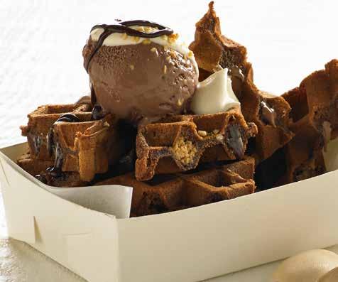 Milk chocolate and peanut butter SERVES 12 waffles PREP 15 COOK 15 Ingredients 200g milk chocolate, chopped 100g unsalted butter, diced 3 eggs 2 cups milk 2 teaspoons vanilla extract 2½ cups plain