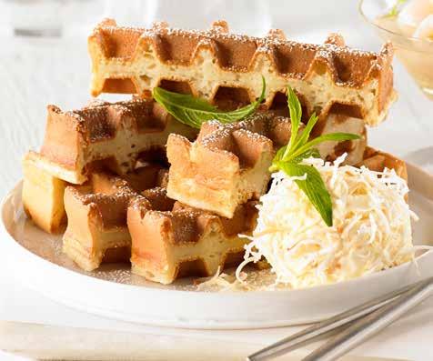 Coconut, lime zest and lychee syrup SERVES 8 waffles PREP 35 COOK 30 Ingredients 2 cups self-raising flour cup caster sugar 1 cup shredded coconut, plus ¼ cup extra for garnish ½ teaspoon baking