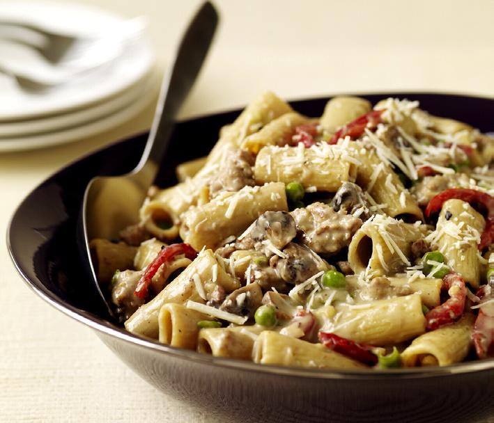 RIGATONI WITH CREAMY SAUSAGE SAUCE 8 oz uncooked rigatoni 1/8 tsp table salt 8 oz raw turkey sausage, Italian-style, removed from casings 8 oz cremini mushrooms, or Baby Bella mushrooms, trimmed,
