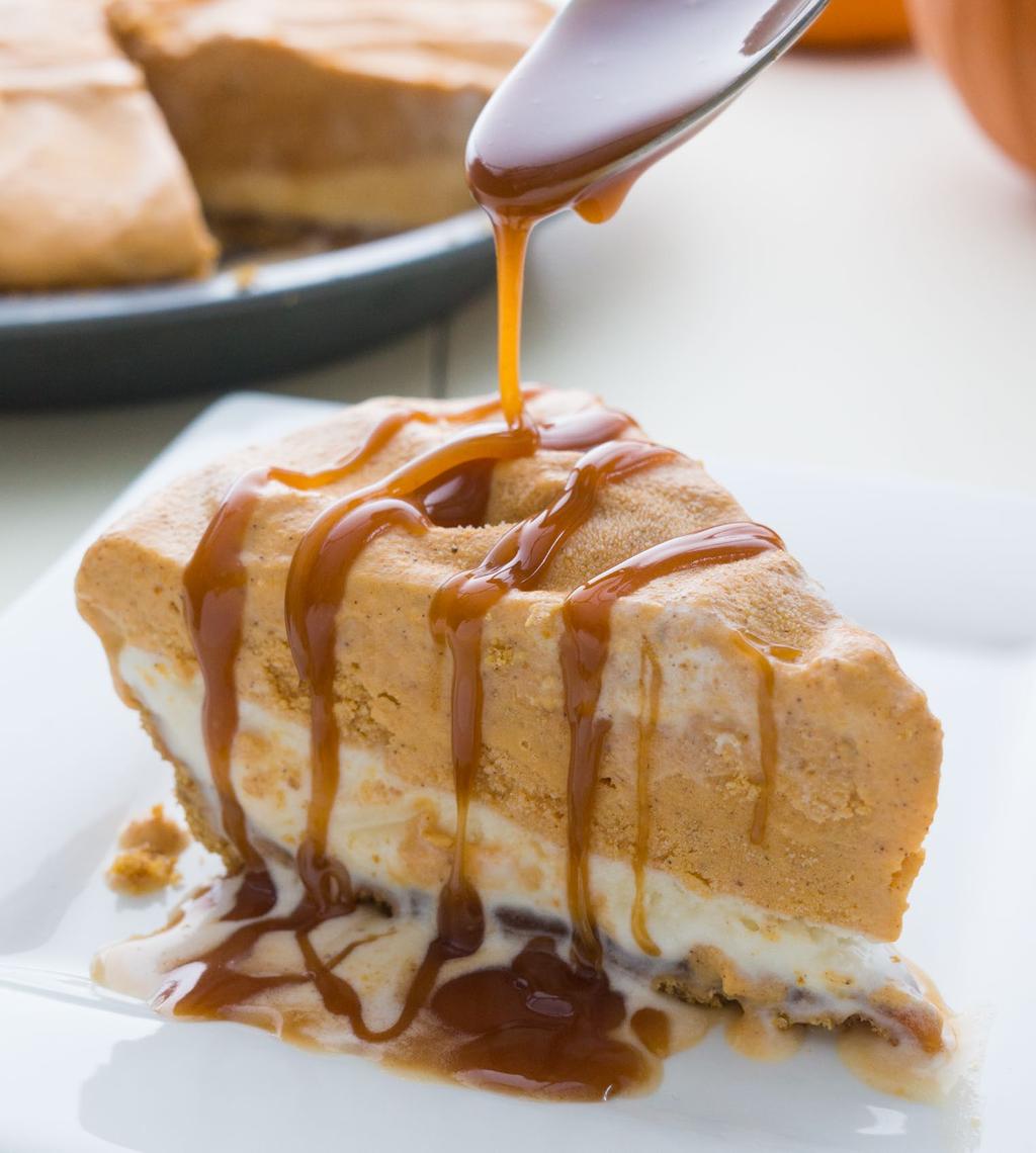Pumpkin Caramel Ice Cream Pie 11/2 cups plus 2 tablespoons granulated sugar 1 cup water 3/4 cup whipping cream 11/4 cups graham cracker crumbs 1/4 cup butter, melted 1 12-ounce jar caramel sauce 2