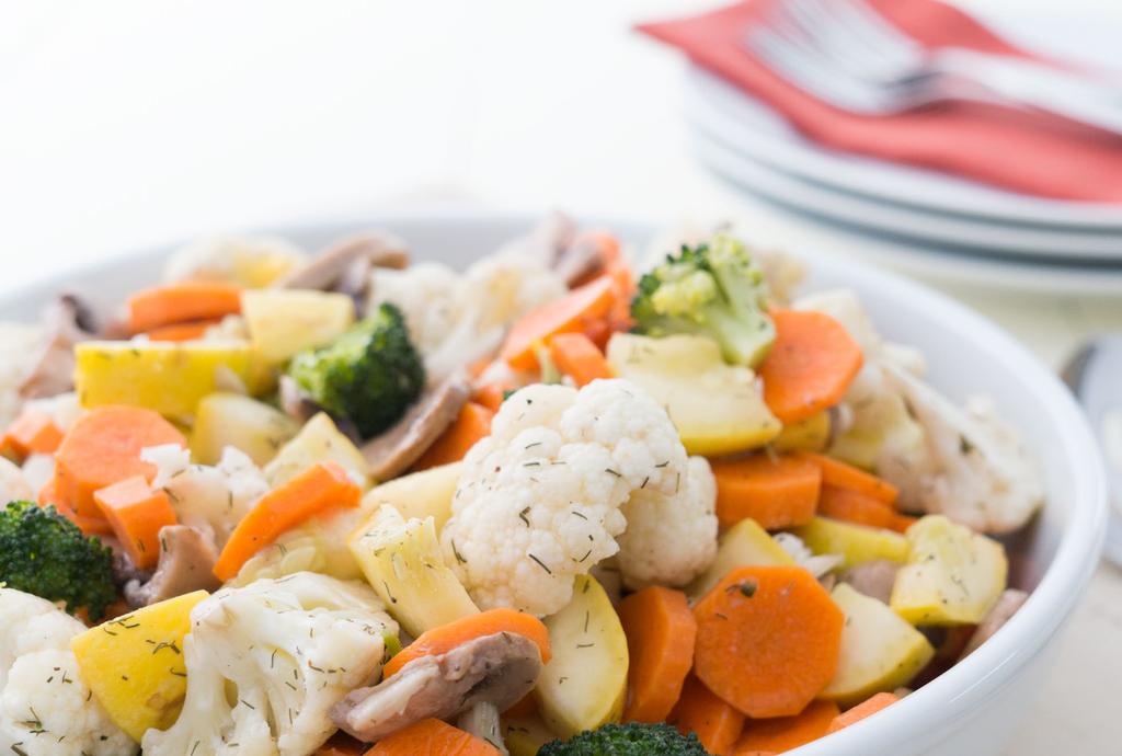 Cold Vegetable Salad 21/2 cups cauliflower florets 2 cups sliced fresh mushrooms 11/2 cups each broccoli florets, sliced carrots and diced yellow squash 1/2 to 3/4 cup vegetable oil 1/2 cup apple