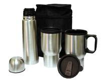 25"H x 4"W) 087-01179 Stainless Steel Mugs And Thermos Combo Contains: 2-15oz. Mugs And 1-16oz Thermos (Displayed Dimensions: 11"H x 6.25"W x 3.