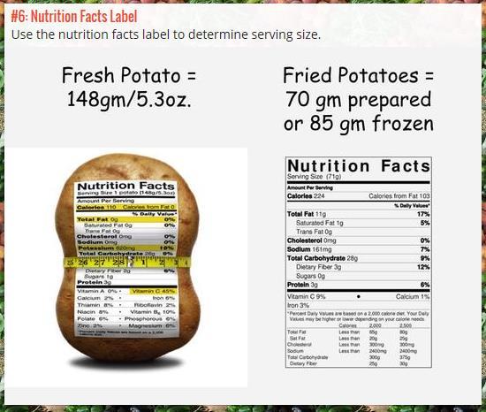 The serving size information is found right under the Nutrition Facts title/heading. The Food and Drug Administration sets the serving size for both fresh potatoes and for fried potatoes.