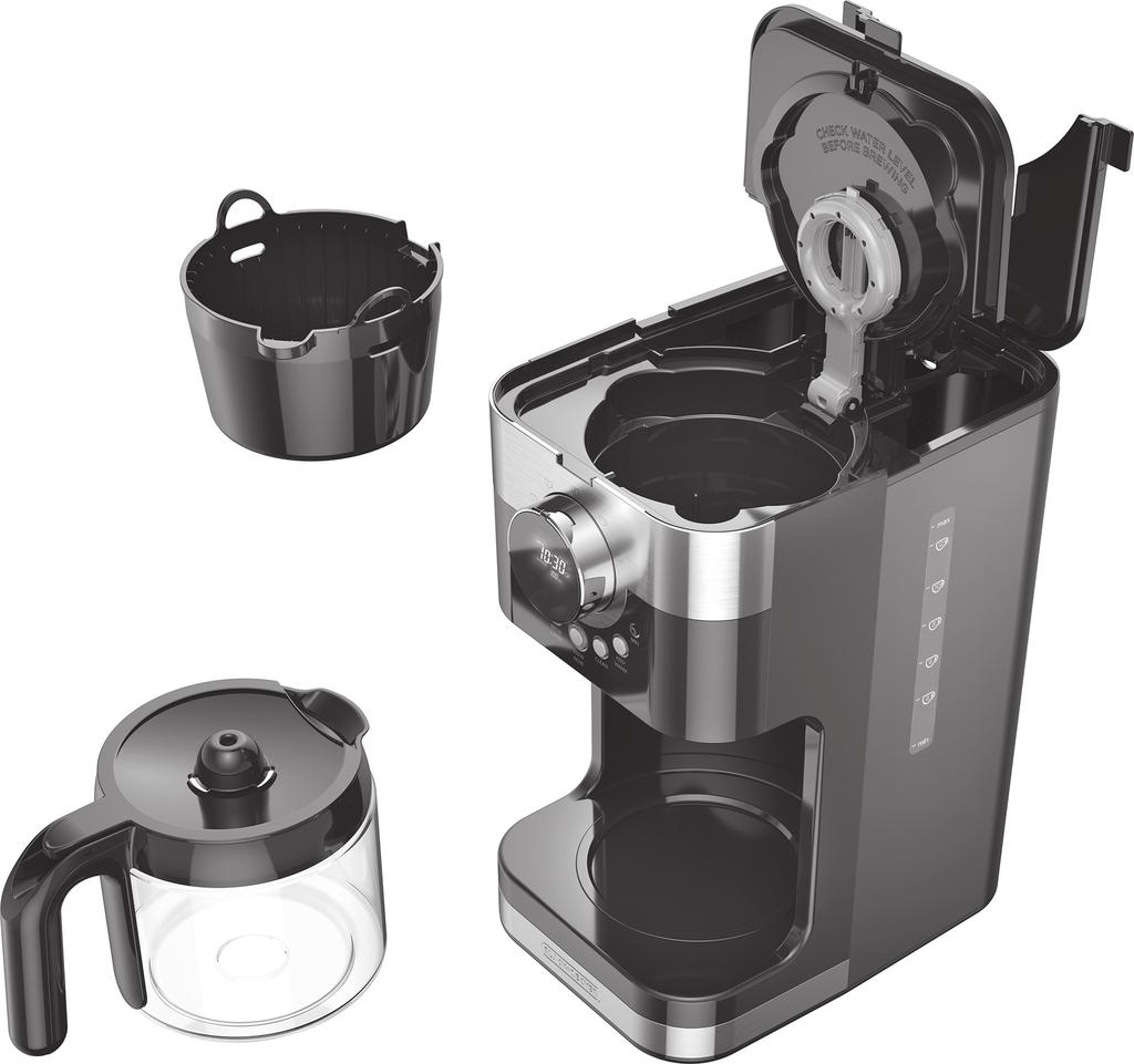 GETTING TO KNOW YOUR COFFEEMAKER 1. Removable filter basket (Part # CM4200-01) 2. Filter basket cover 3. Vortex Showerhead 4. Water reservoir lid 5. Water reservoir fill opening 6.