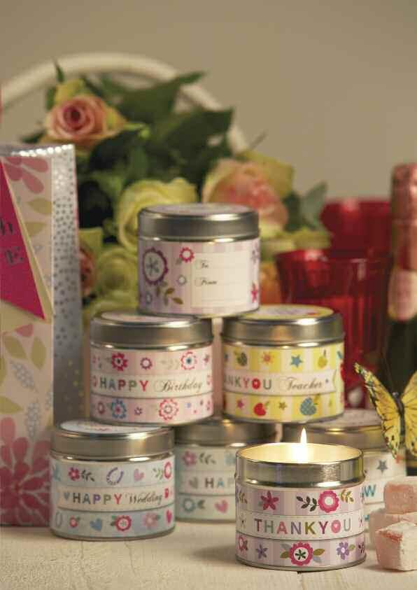 Happy Days A personalised greetings candle in a tin.