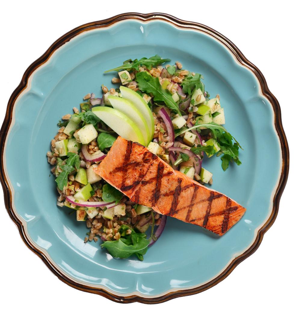 ingredients 1/2 tsp Canola Oil 4 ea Wild Salmon Fillet 3 1/2 oz Farro 1 3/4 cup Water 2 cups Granny Smith Apples, Diced 3 Tbsp Fresh Cilantro, Chopped superfood 1 1/4 tsp Jalapeño Peppers, Diced 1/4