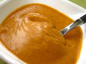 Thai Peanut Dip ½ cup creamy or chunky peanut butter, preferably natural 1 cloves garlic, minced 1 teaspoon brown sugar ½ cup water 1 Tablespoon reducedsodium