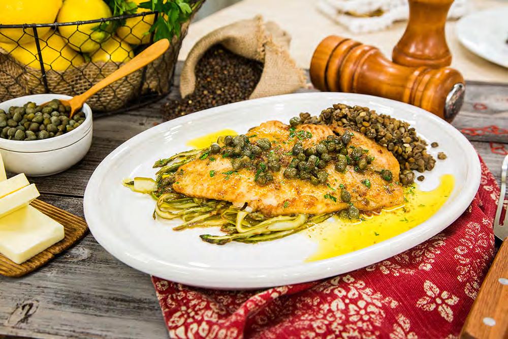 Sole Meunière Ingredients: 1 sole fillet, skin on 3 tbsp plain flour 50g butter Juice of 1/2 lemon A small bunch of asparagus, shaved into thin slices 125g ready to eat puy lentils Sea salt and