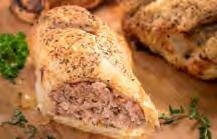 Premium pork sausage meat seasoned with fresh herbs and wrapped in a buttery puff pastry.