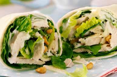 piled in a tortilla wrap overstuffed with crispy romaine lettuce & tossed with creamy Caesar dressing WEST COAST WRAP grilled chicken, avocado, roasted peppers, lettuce and tomato in a flour tortilla