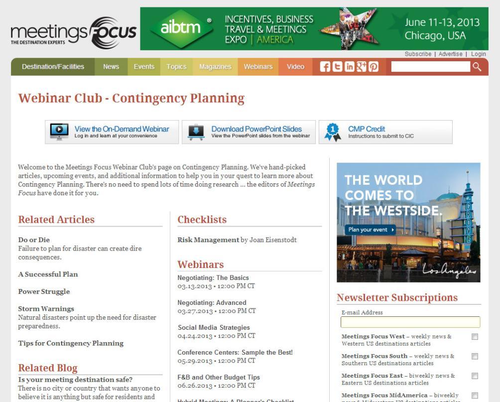 Meetings Webinar Club On each Webinar Club page, the individual sections will allow you to: Download webinar PPT slides View the webinar On Demand Obtain CMP Credit
