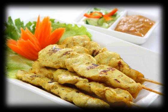 served with authentic Thai dipping sauces. 2. Satay Kai (N)(E) 5.