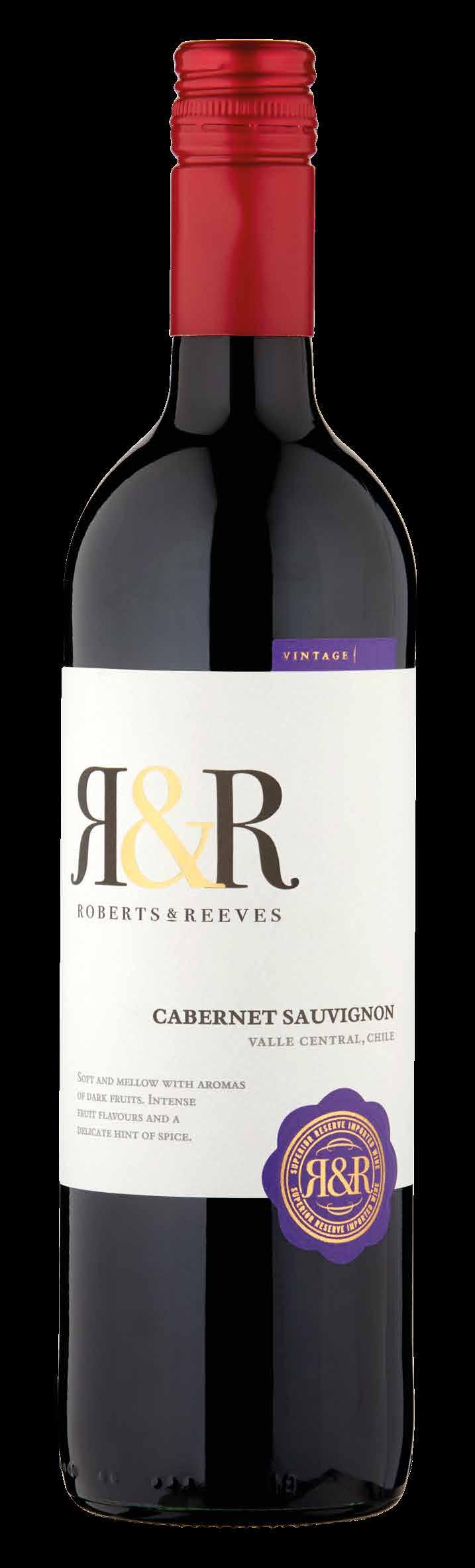 Roberts & Reeves Cabernet Sauvignon Chile On Trade Vintage 2016. Region Valle Central, Chile. Grape Variety 85% Cabernet Sauvignon 15% Syrah. 12% (9 units per 75cl bottle & 1.