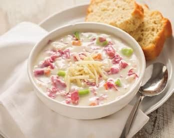 Corned Beef & Potato Soup 6 cups water 1 package Perfectly Potato Cheddar Soup Mix 1 green bell pepper, chopped ½ pound sliced deli corned beef, chopped 1½ cups 2% milk 1 cup shredded Swiss cheese 1.