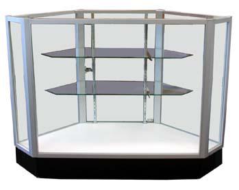 FULL VISION FACETTED SHOWCASE MODEL FSC100-51 Length 51 Width 21 Height 38 30 high display area with glass top, front & side panels Melamine floor Two 12 adjustable glass